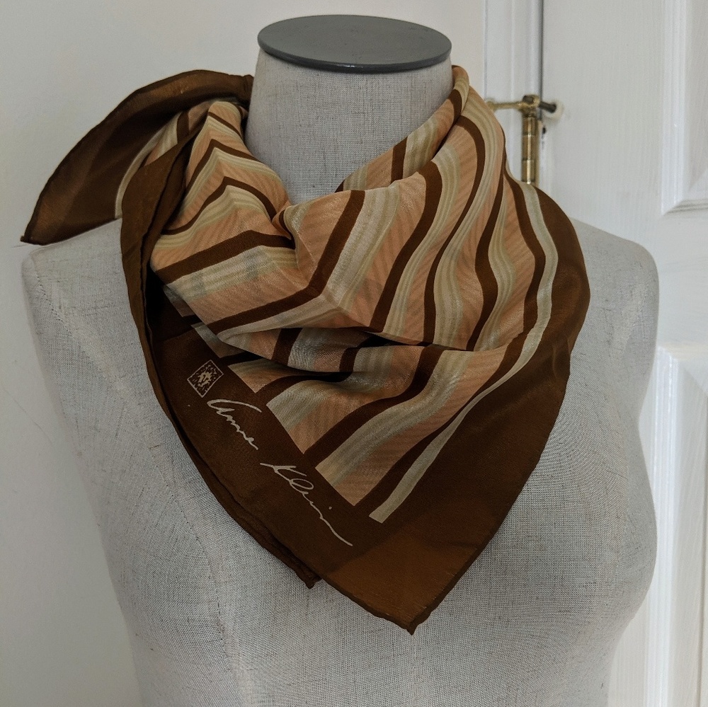 Anne Klein vintage 70's tan stripe silk scarf wrap